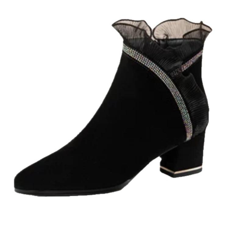 Autumn and Winter Rhinestone Lace Edge Matte Soft Leather Thick Heel Short Boots Women's Middle Heel New Soft Leather Women's Boots Ankle Boots