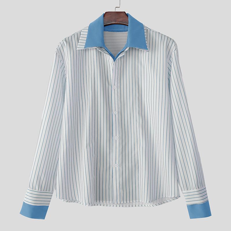 

INCERUN Men s Lapel Long Sleeve Fake Two-piece Striped Print Button Up Shirts Tops S