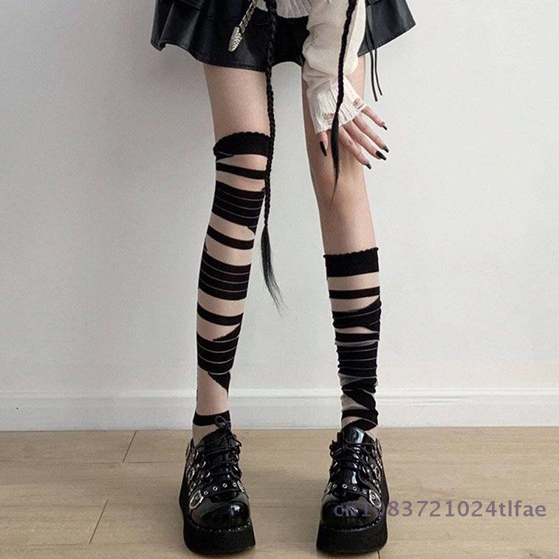 Women's Lolita JK Y2K Inspired, Summer Bandage Stripe Long Stockings, Sexy White Long-Tube Hosiery