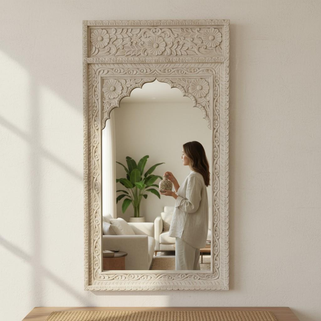 

Wooden Carved Wall Decor Mirror With Glass- Home Bedroom Wall Hanging Mirror-Wooden Mirror | Wall Bedroom Mirror Decor Furniture-Decor Frame