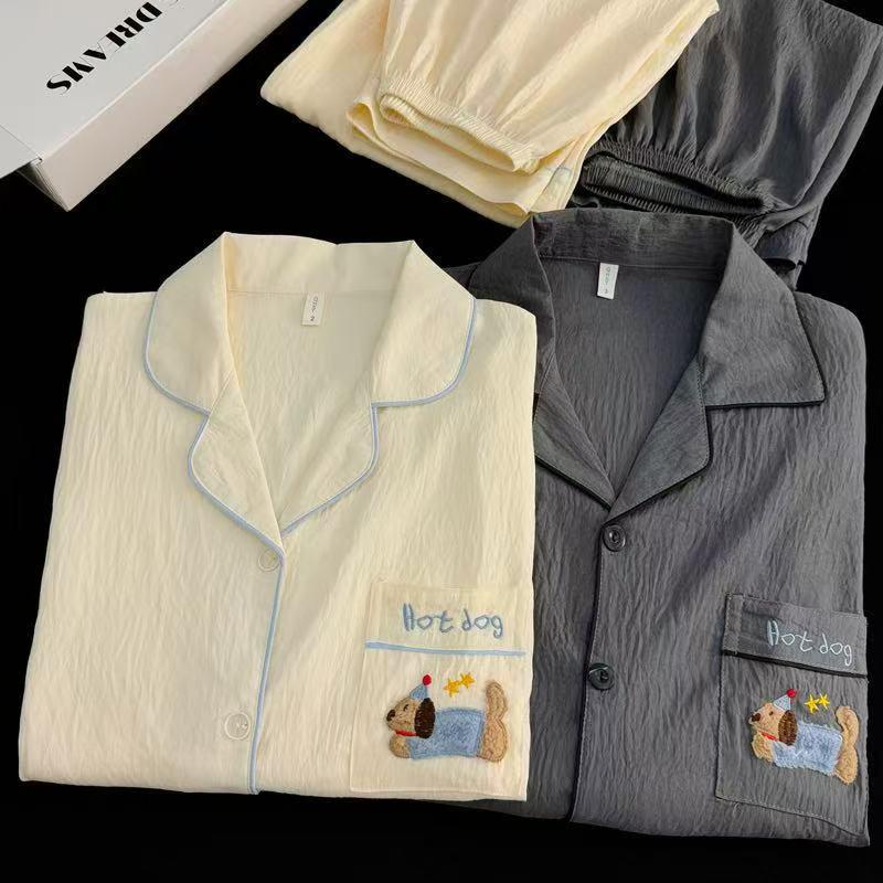 Korean Cloud Cotton Cartoon Couple Pajamas Set - Short Sleeve Cardigan & Shorts