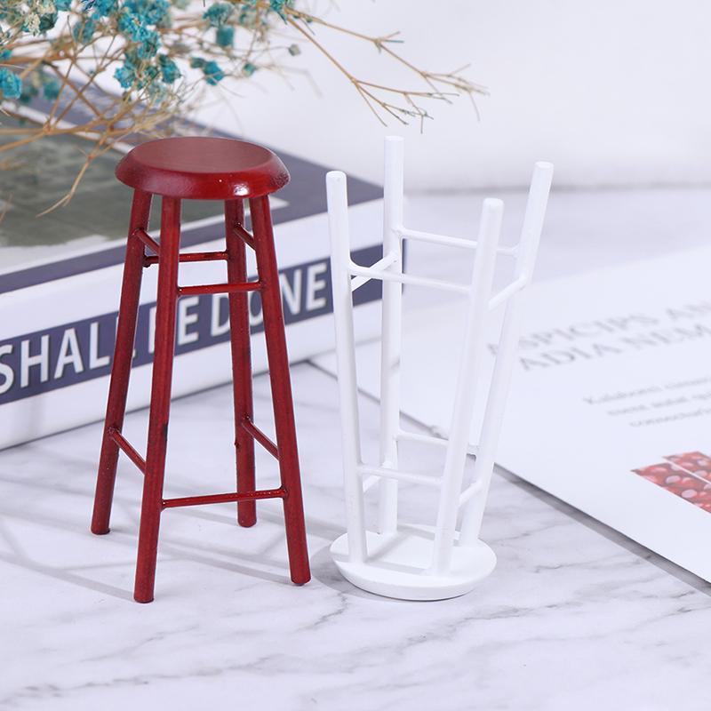 1:12 Dollhouse Miniature Wood High Footed Stool Bar Stool Model Accessories