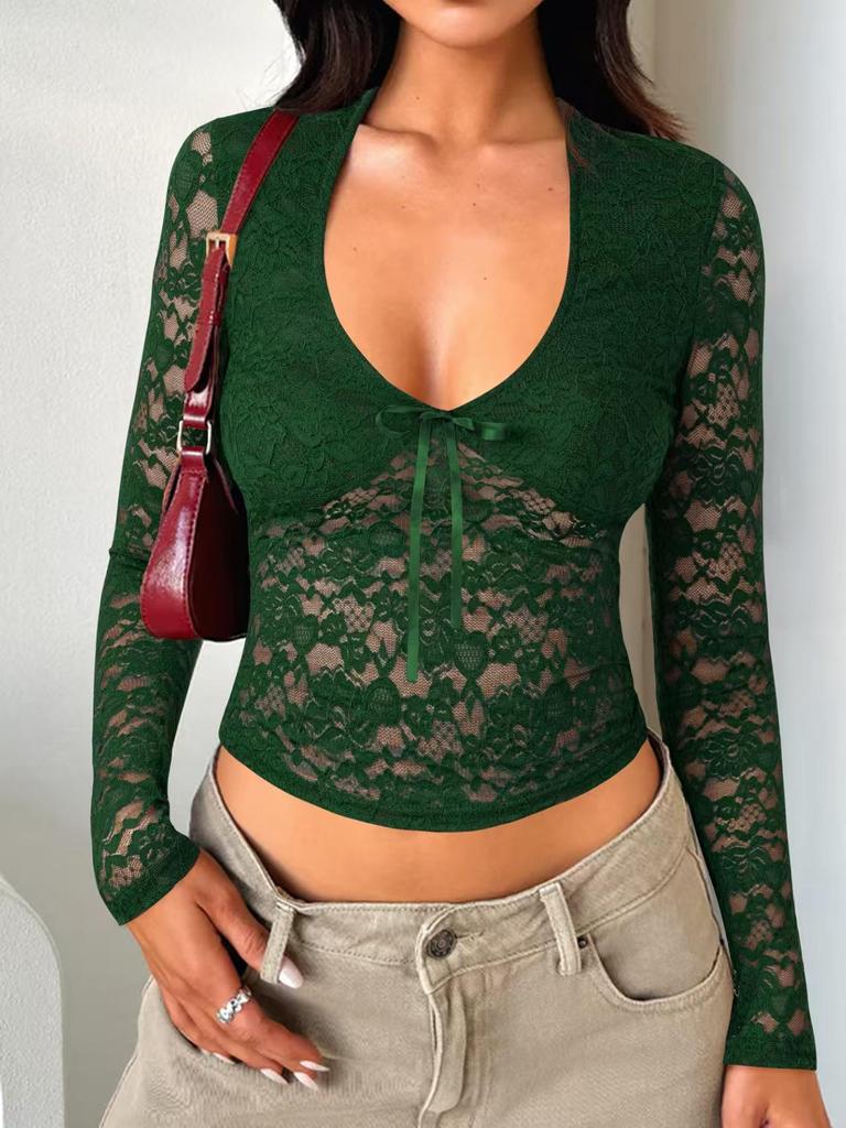 2026 Sexy Slim Fit Lace Hollow-Out Long Sleeve Top for Women