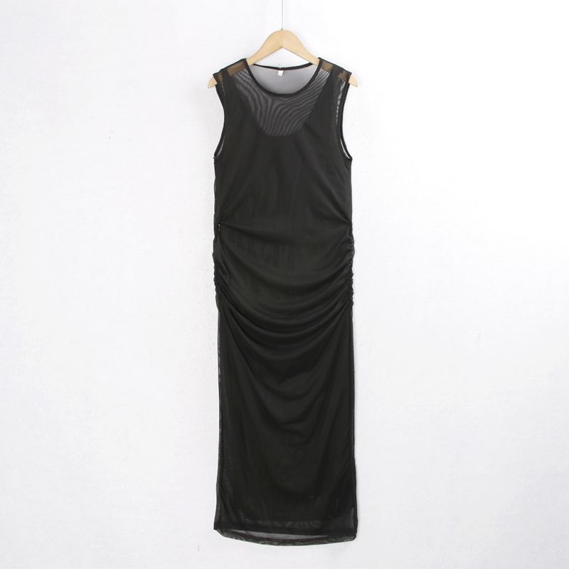 

1160 Mesh Long dress Summer round Neck Double Layer Fashion Tie-dye Sheath Slimming Sleeveless Stretch Yarn Skirt Women Foreign Trade Black S