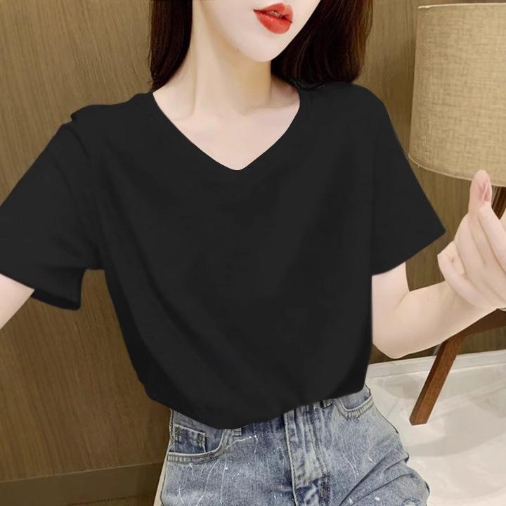 Korean version 2025 new summer simple cotton short-sleeved t-shirt women's white V-neck top loose cotton t-shirt