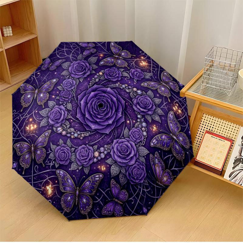 

Purple Heart Stained Glass with Butterflies Printed umbrella windproof folding umbrella portable sun and rain umbrella suitable for gifting