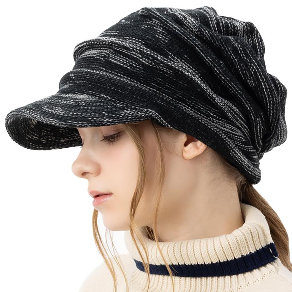 Wrinkle Knit Newsboy Cap with Plus Sizes for Women and Warm and Comfortable with Earmuffs One Heather Loo&c Brim, Men, (JP, Alphabet, Size, Black)
