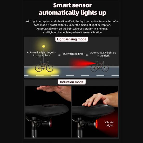 Bicycle Taillight Super Bright Waterproof Non-glaring Multiple Lighting Modes Rechargeable Aluminum Alloy Smart Automatic Brake Detection Bike Rear