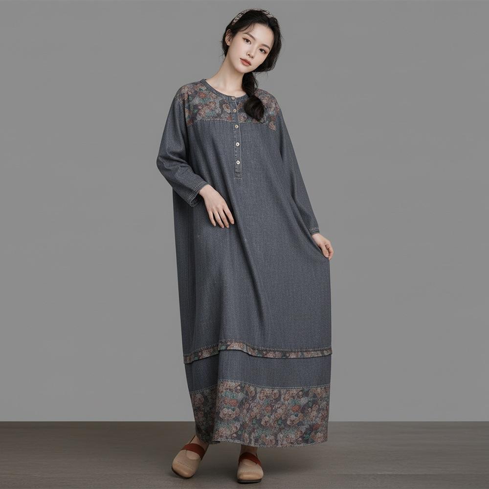 

Johnature Women Vintage Dress Spring O-Neck Long Sleeve Robes Patchwork Print Floral Loose Dresses One Size