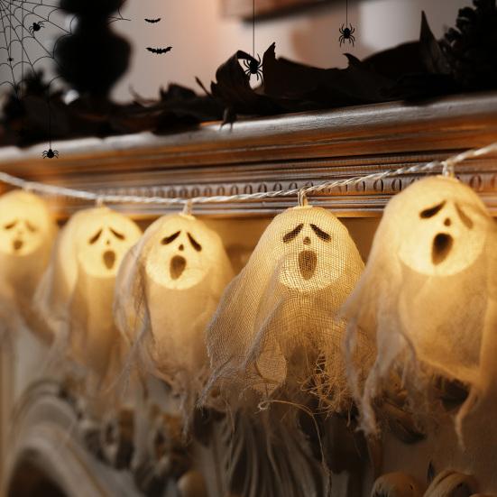 LED Duchové světelný řetěz Ručně vyrobená svítící halloweenská látková duchová girlanda na párty, strašidelný dům, krb, dekorace na verandu