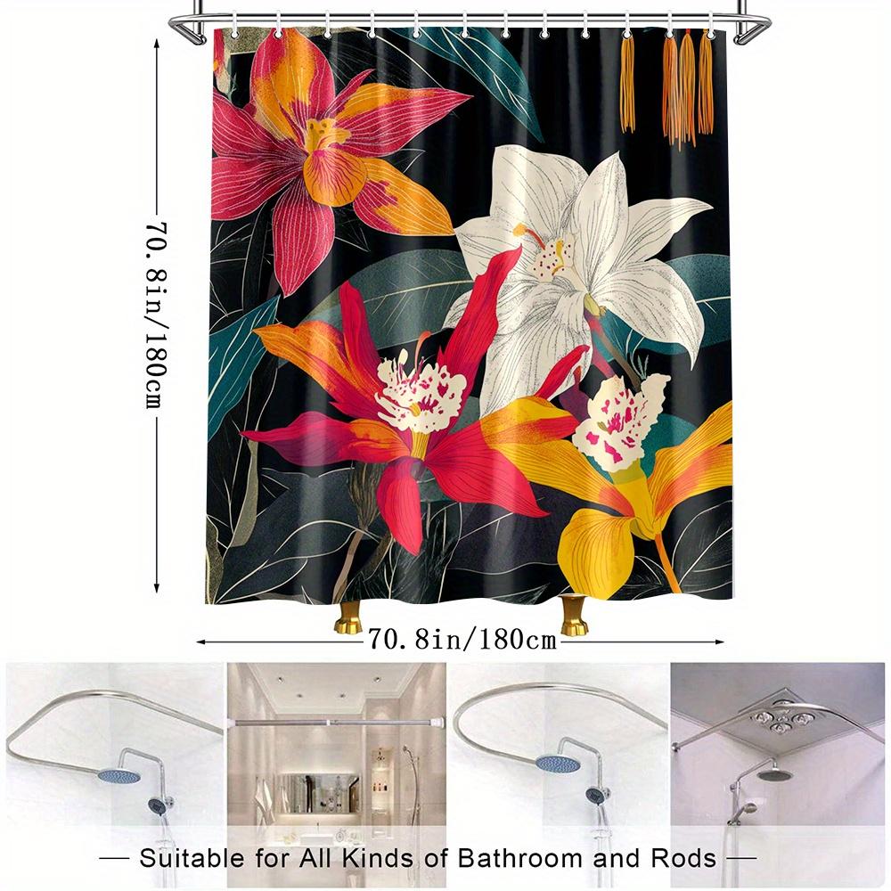 1Pc Vibrant Floral Shower Curtain With Orchids & Lilies On Dark Background - Polyester Bathroom Decor 70.8X70.8 Inches,