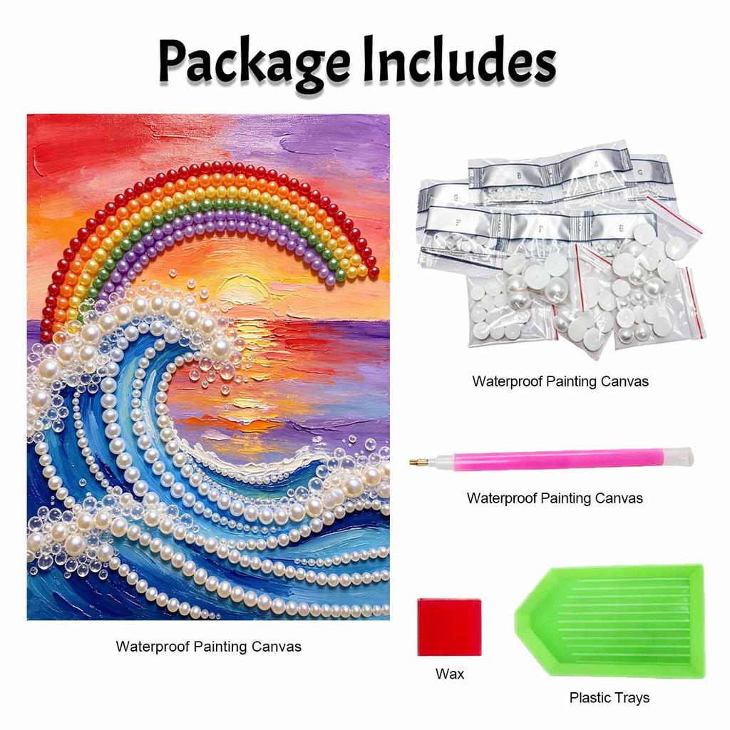 Frameless Pearl Bead Painting Kit Rainbow Ocean Wave Pattern DIY Sparkling Art Canvas Creative Leisure Craft for Adults Wall Decor Home Gift