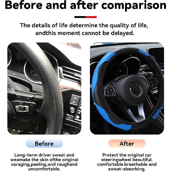 Car Steering Wheel Cover, 15 Inch Carbon Fiber Microfiber PU Leather Elastic Steering Wheel Protector For Men Women, Anti-Slip Breathable Car