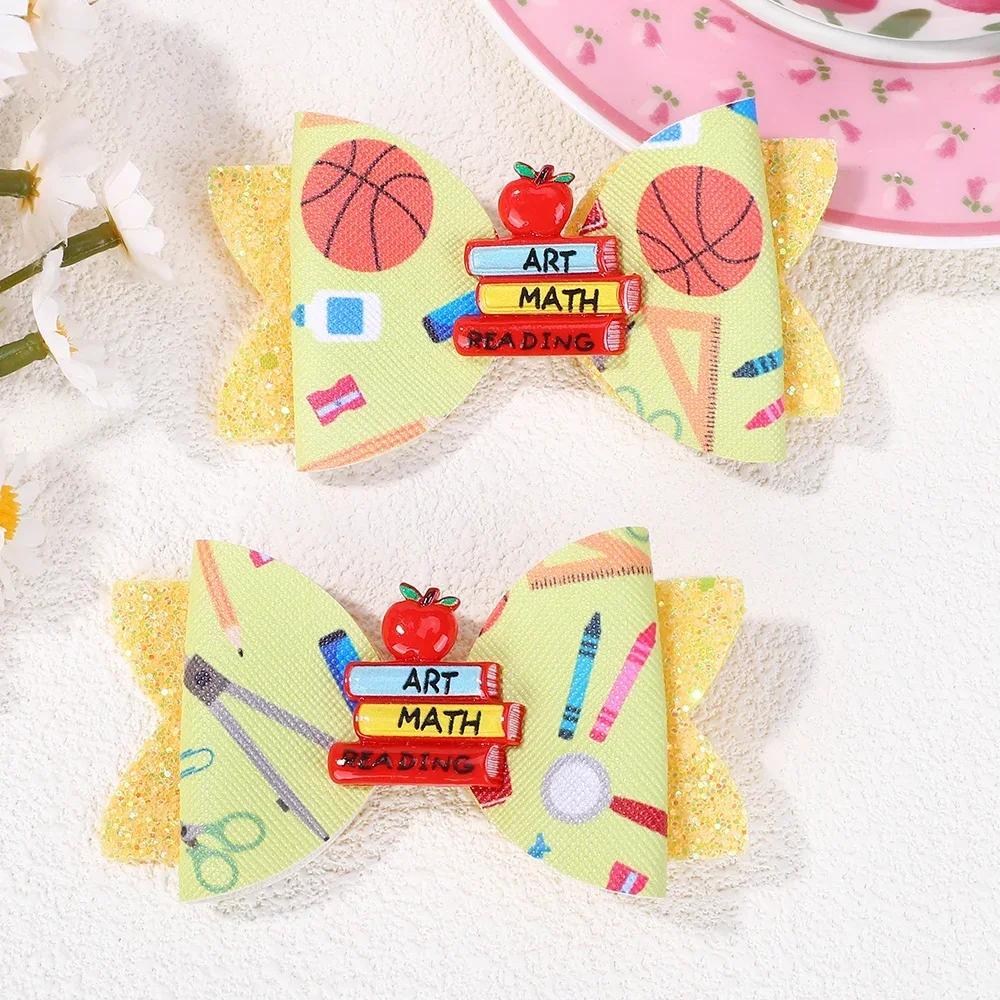 2pcs/set Sweet Back To School Hair Bows Clip for Girls Cute School Bus Hairpins Ribbon Print Pencil Barrettes Boutique Headwear