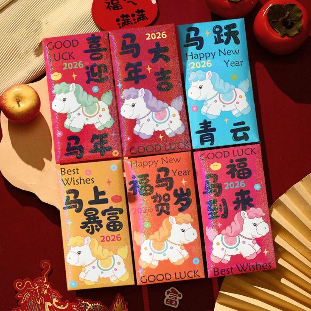 6PCS Paper Horse Year Red Envelope Spring Festival Cartoon New Year Red Envelopes Lucky Bless Words Hongbao Birthday Gift