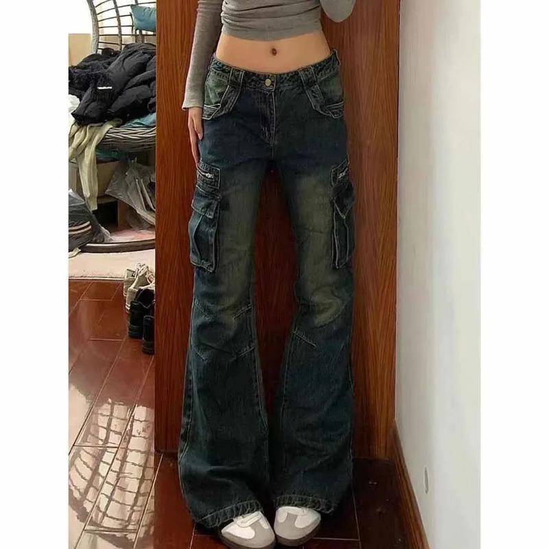 Women s Spring Summer Vintage Low Waist Cargo Pocket Micro Flare Denim Jeans Trendy Streetwear Pants S
