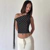 New French casual strap streamer diagonal shoulder contrasting color polka dot open button irregular top T-shirt