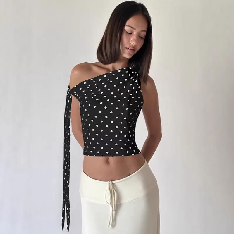 New French casual strap streamer diagonal shoulder contrasting color polka dot open button irregular top T-shirt