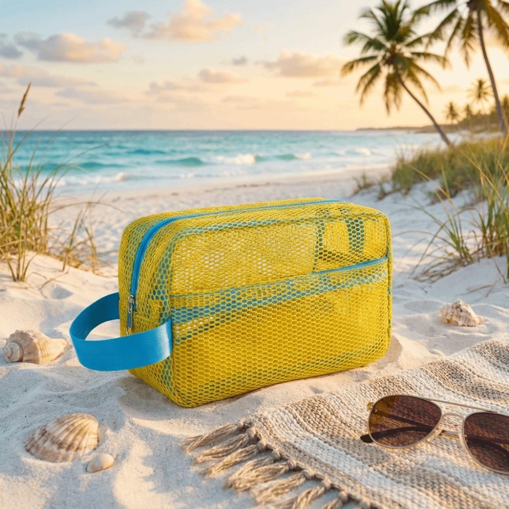 Large Capacity Mesh Cosmetic Bag Zipper Closure Toiletry Bag Dopamine Beach Clutch  Travel