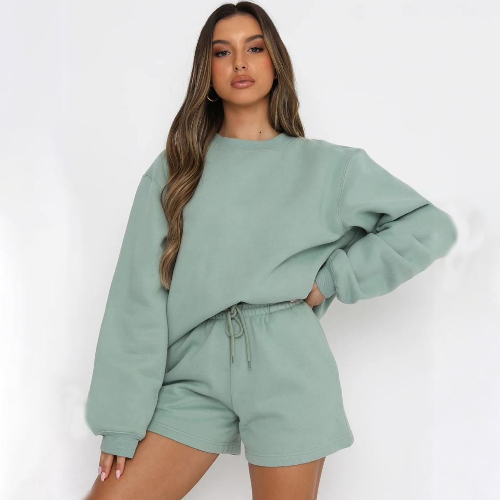 2026 Nuovo Set Estivo a Manica Lunga con Pantaloncini e Felpa tinta unita Casual Abbigliamento da Casa 2 Pezzi
