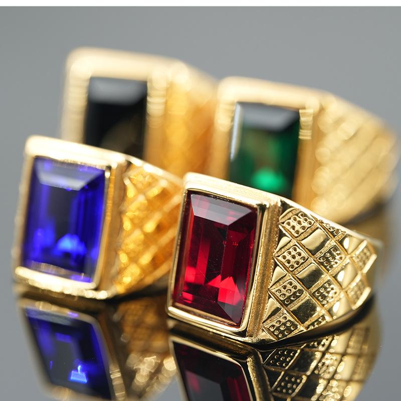 European and American Gemstone Ring Boys Titanium Steel Jewelry Personality Male and Female Gender Neutral Ring Multi-colored Gemstone
