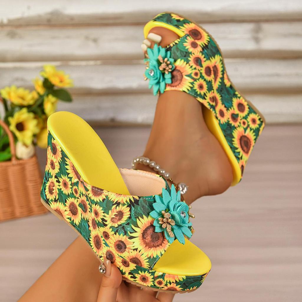 Sandale Boho Florale de Primăvară Vară pentru Femei | Toc Pană Peek-Toe cu Broderie Etnică | Pantofi Casual de Plajă cu Platformă pentru Vacanță și Purtare Zilnică