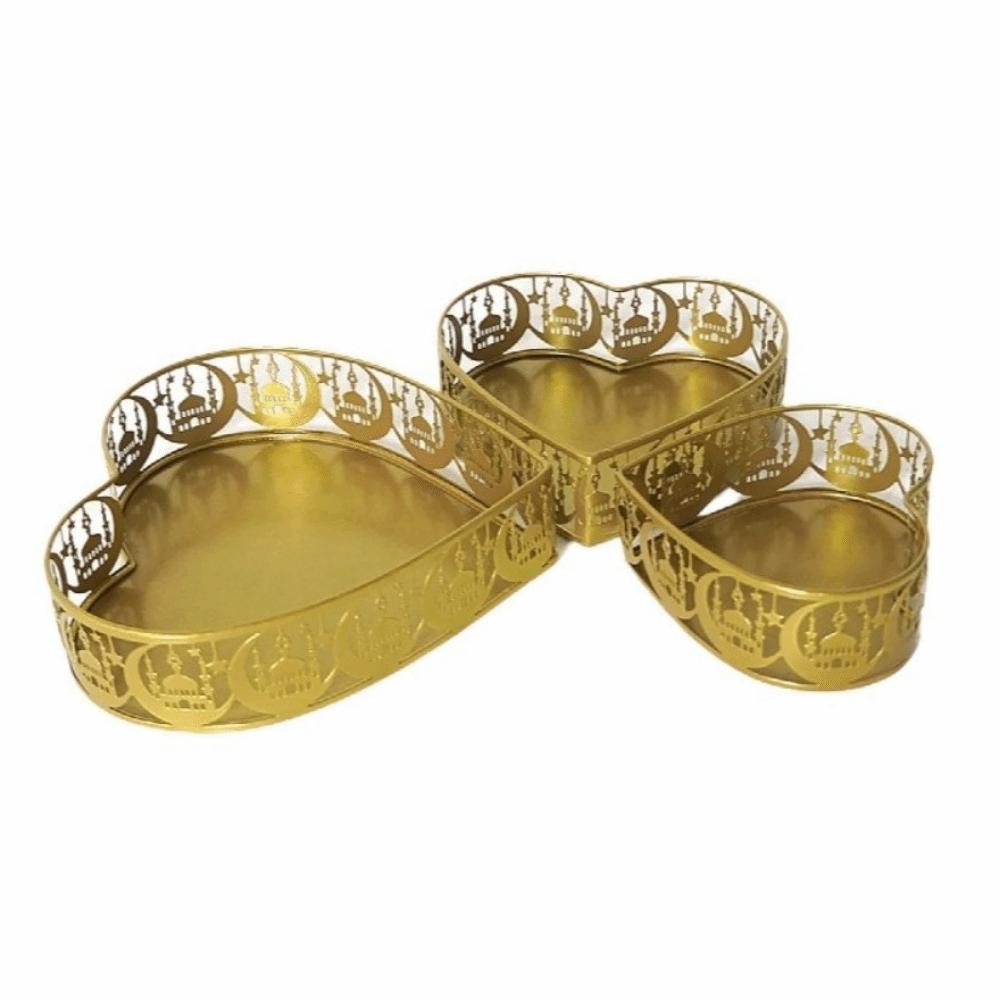 

3Pcs Gold Color Ramadan Decorative Tray Elegant Eid Candy Dish Ramadan Festival Art Tray Home Decor Set 1