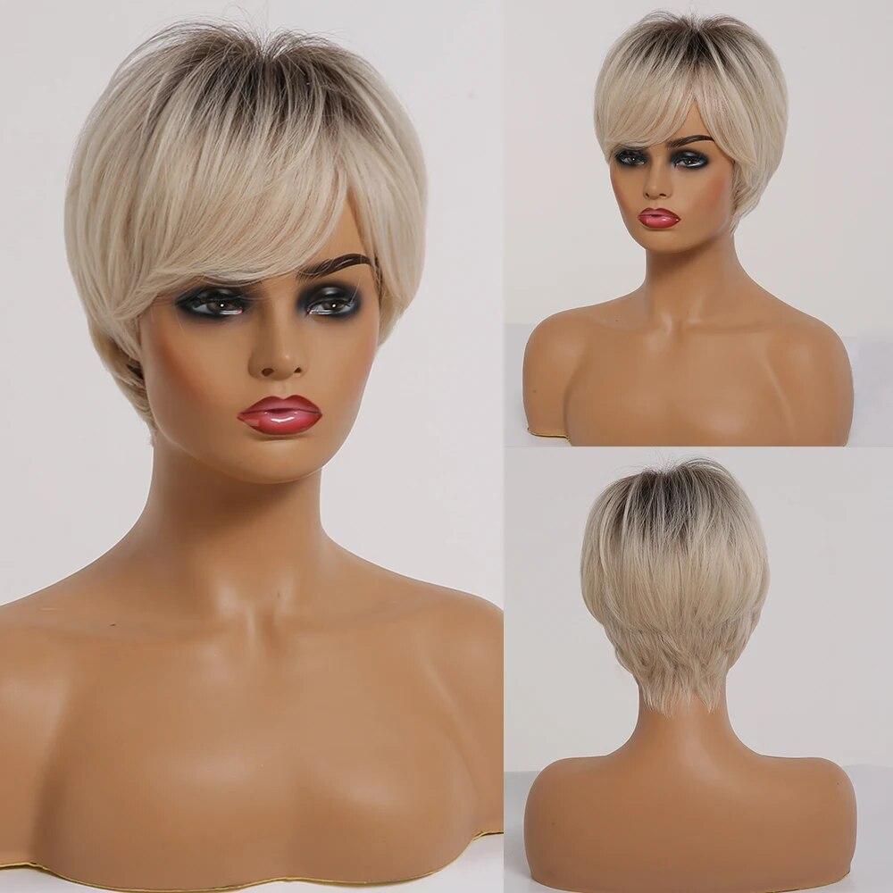 Short Straight Bob Synthetic Wigs with Bangs for Women Brown To Blonde Wig Cosplay Party Daily Heat Resistant Fiber Hair