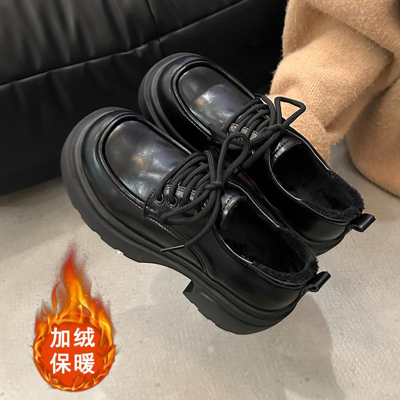 Black small leather shoes women's autumn and winter new thick-soled heightening retro lace-up single shoes