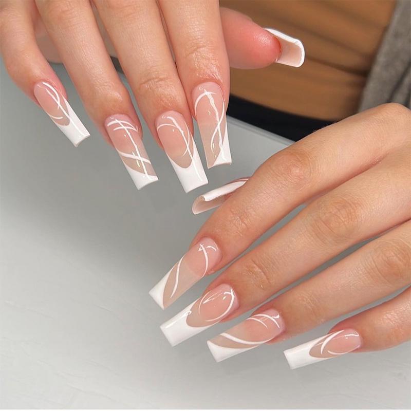 

24-Piece Elegant French Long White Stripe Nail Art Stickers - Finished Wearable Tips Glue Style
