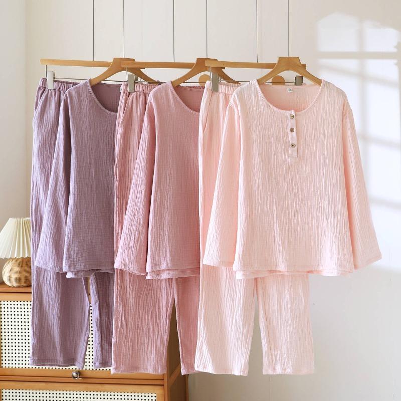 2026 Spring and Autumn New Couple's Pajama Set 100% Cotton Crepe Cloth Women's Large Long Sleeve Long Pants Home Set