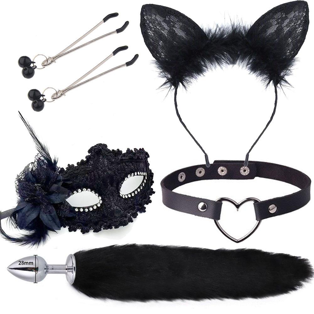 Niedlicher Fuchsschwanz Anal Plug Maske Katzenohren Stirnbänder Set Erotikspiele Nippelclip Halsband Erotik Cosplay Sexspielzeug für