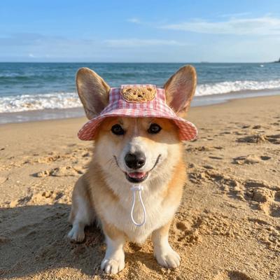Cartoon Pattern Dog Fisherman Hat Adjustable Breathable Pet Sun Hat with Ears Hole Plaid Print Dog Sunshade Hats Spring Summer