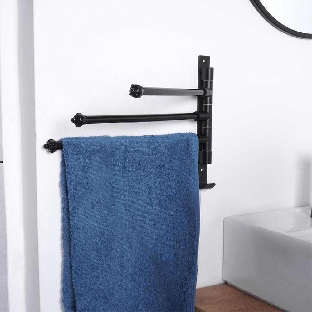 Bathroom Wall Towel Rack, Metal Black, Rotating Hook, 30cm