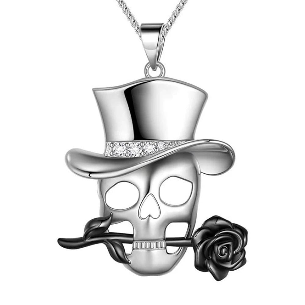 Charm Female Skull Flower Pendant Necklace Vintage Silver Color Wedding  For Women