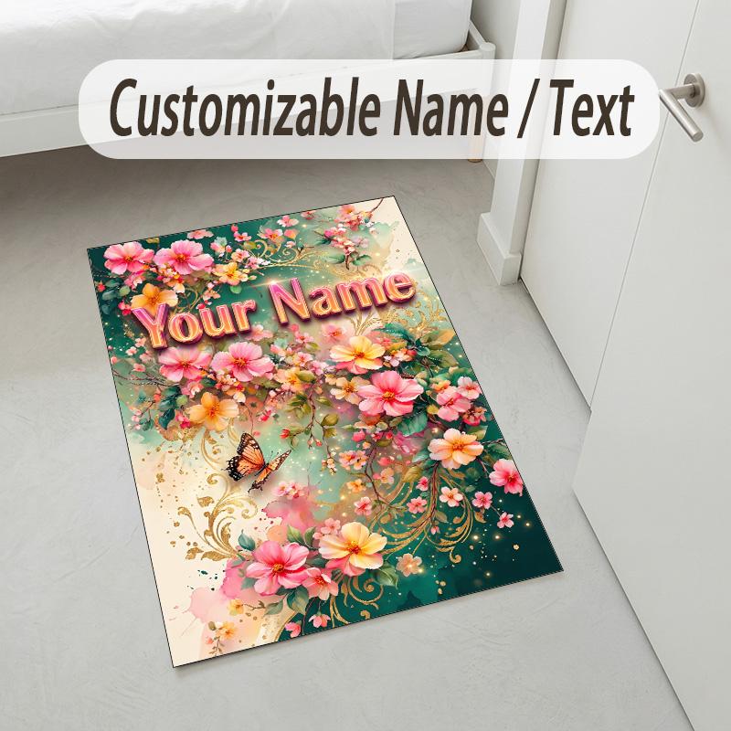 Floral Garden Theme Crystal Velvet Rug Personalized Custom Name Text Soft Floor Mat Home Decor
