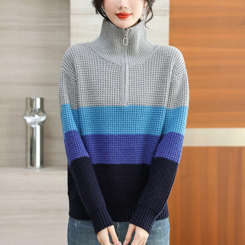 Women's Color Block Striped Lapel Sweater - Cozy Half-Zip Knit, Thick & Loose for Autumn/Winter.