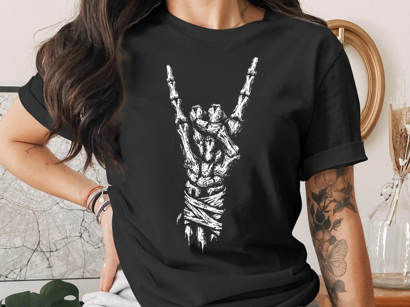 Rock On Skeleton Hand T-Shirt, Metal Hand Sign Goth Tee, Alternative Punk Rocker Concert Outfit Grunge Skull Graphic Print 4XL