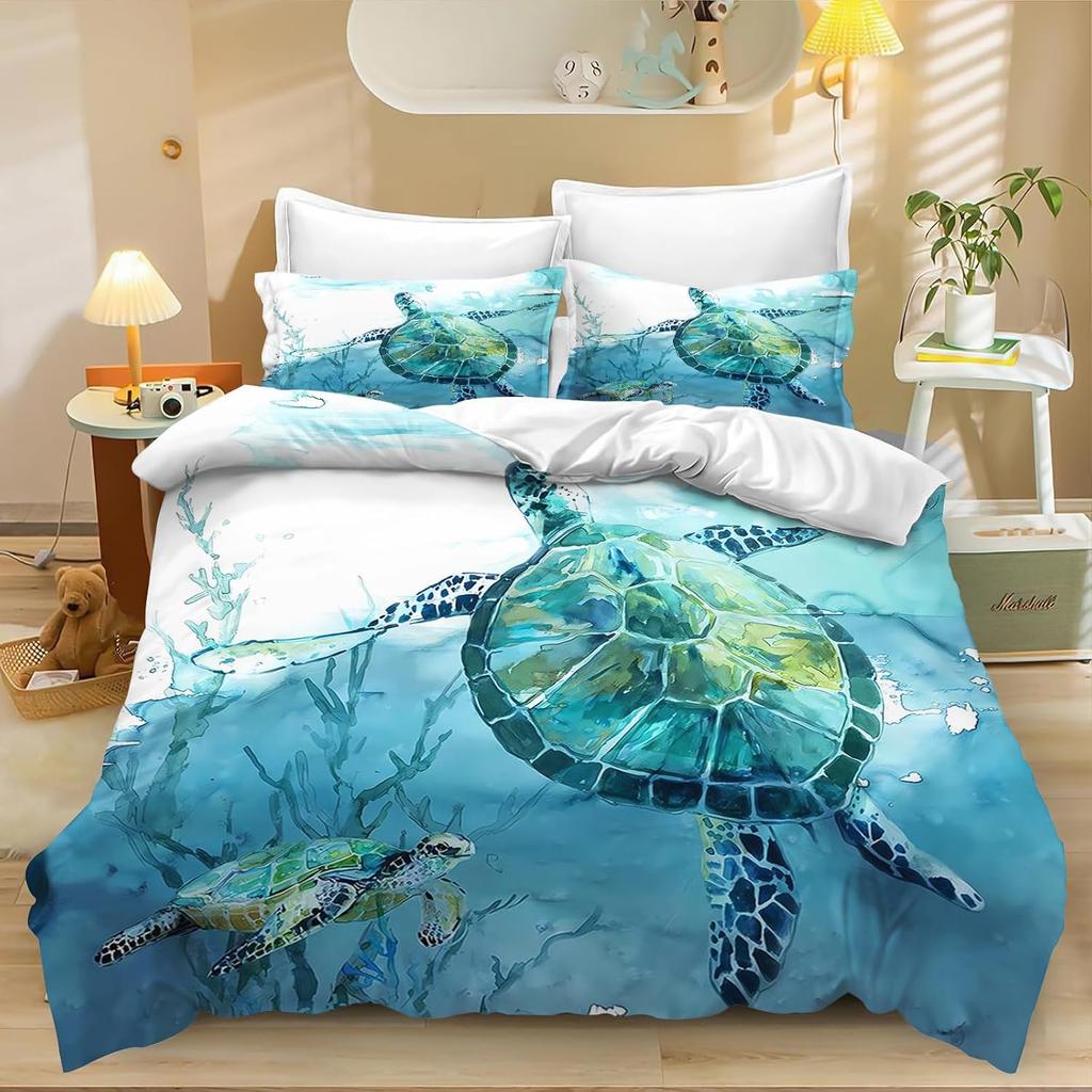 Children's Sea Turtle Animals Bedding Set for Children, Cartoon Turtle Bedding Set 3D Print 100% Microfibre Turtle Duvet Cover