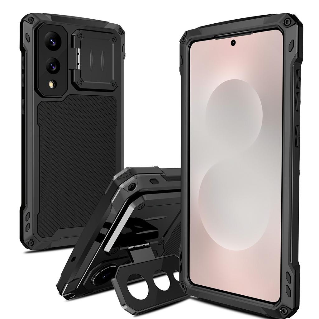 Samsung Galaxy S25 Edge Tok Alumínium Ötvözet+Szilikon Lencse Kitámasztó Telefontok Edzett Üveg Fóliával