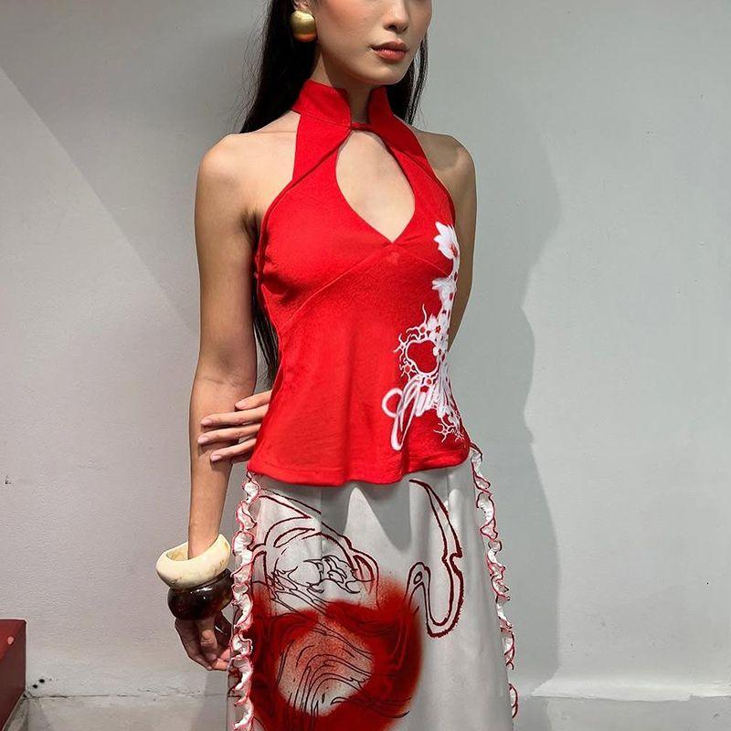 

# Sisjuly# New Chinese Style Chinese Fad Red Printed Cut Out Twisted Halter Spaghetti Straps Wooden Ear Mid-Length Dress Set Female Red sling(K25L69939) L
