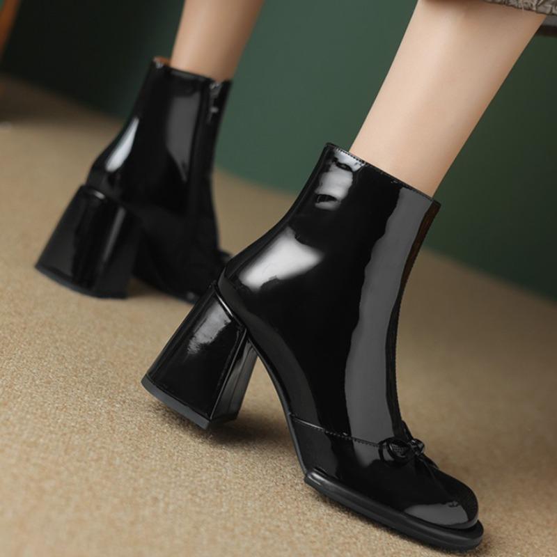 Block Heel Single Boots Fashion Round Toe Side Zipper Anti-Slip Wear-Resistant Block Heel Short Shoes