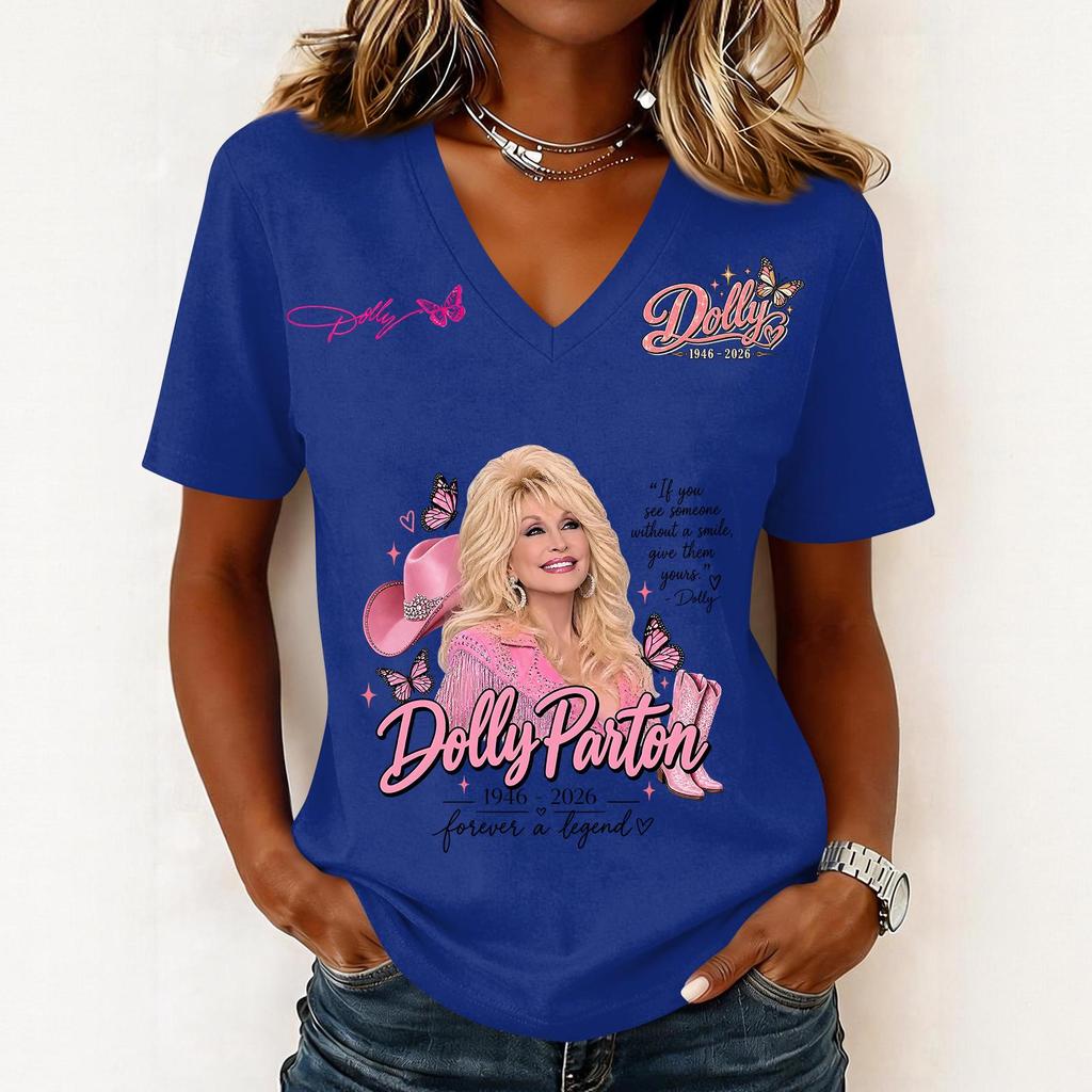 Women's Trendy Casual V-Neck Short Sleeve Letter Print Pullover Top for Everyday Wear