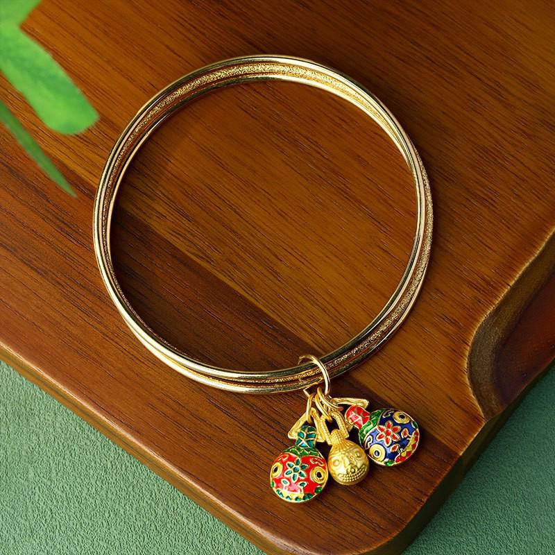 Original National Trend Style Blue Enamel Gold-Plated Bangle with Lapis Lazuli and Swallowing Gold Beast Motif.