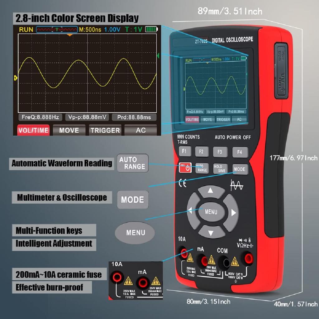 Handheld 10MHz High Professional 999 Count Digital Auto Test 2-in-1 Oscilloscope/Multimeter, Bandwidth, 48MSa/s Sampling, Oscilloscope, Multimeter,