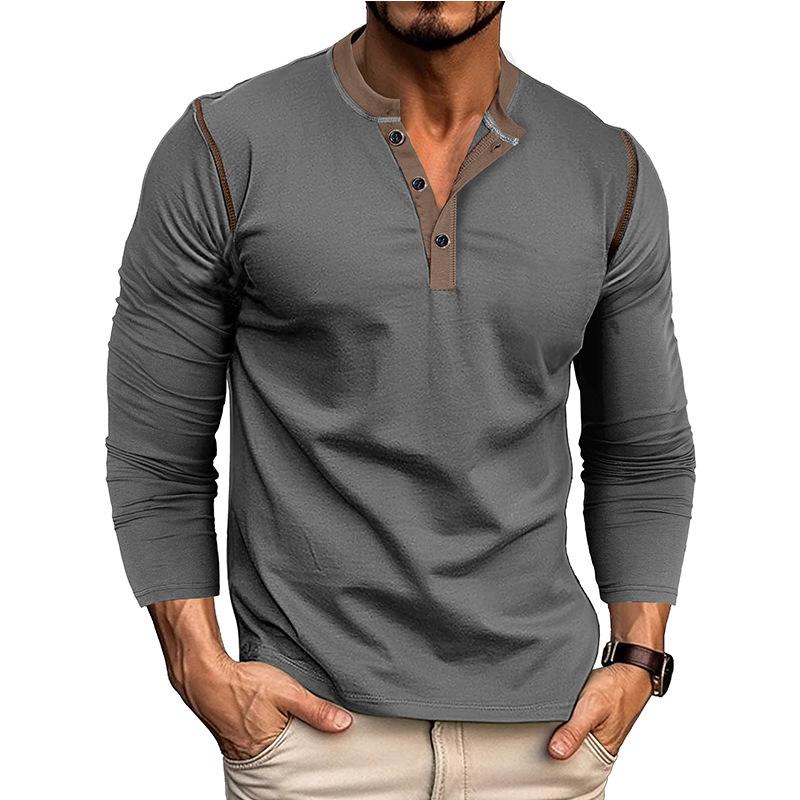 Men's Contrast Piping Raglan Henley Shirt Placket Long Sleeve Slim Casual Vintage Tee