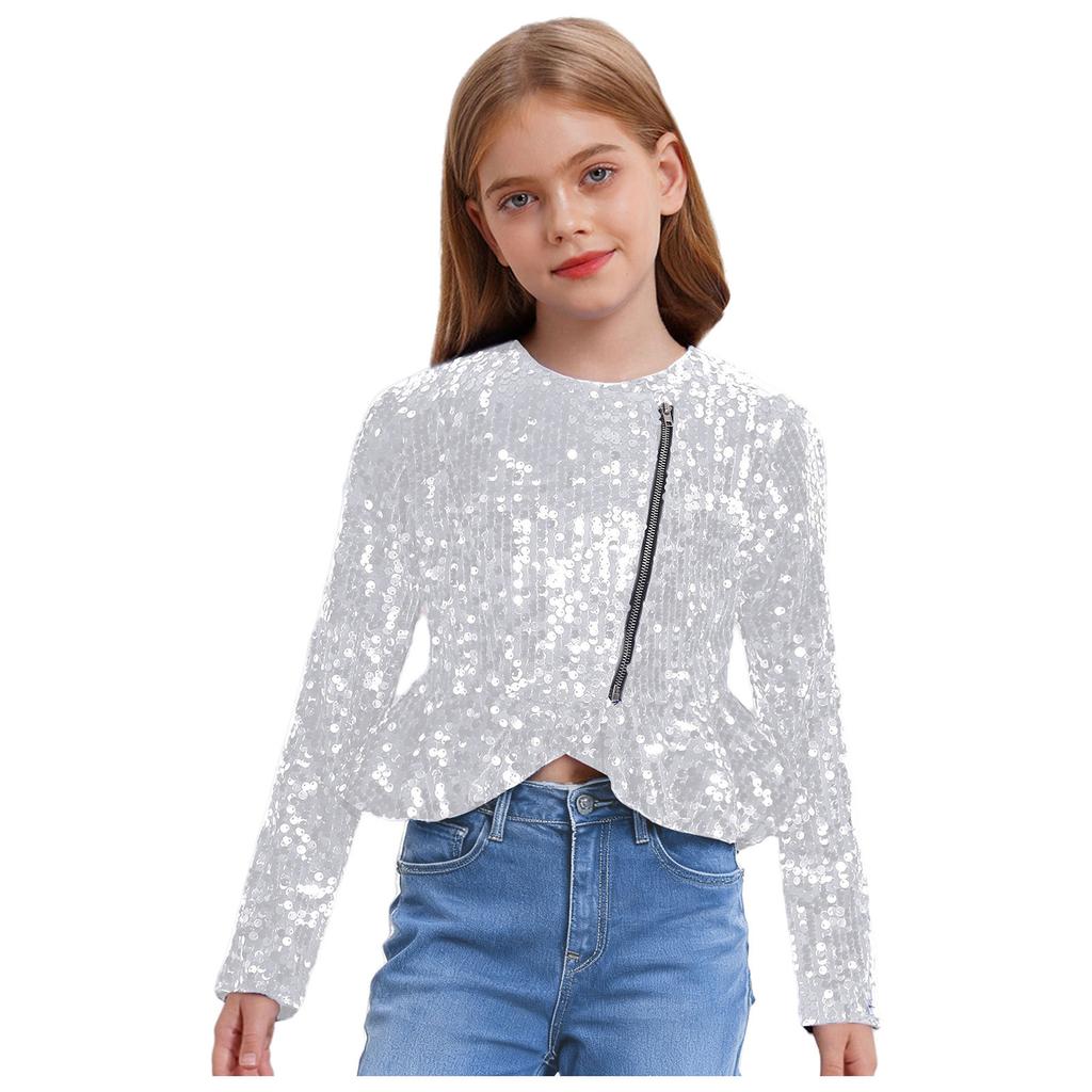 Mädchen Pailletten Strickjacke Oberteil Langarm Doppelreißverschluss Schößchen Design Cropped Jacke Geburtstagsparty Oberbekleidung