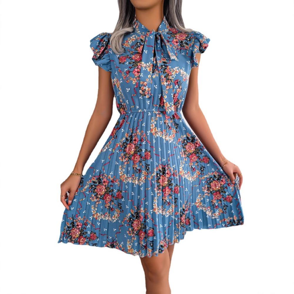 Spring and Summer Temperament Flower Tie Waist Large Swing Pleated Skirt Ladies Fashion Dress Loose Medium Long Skirt
