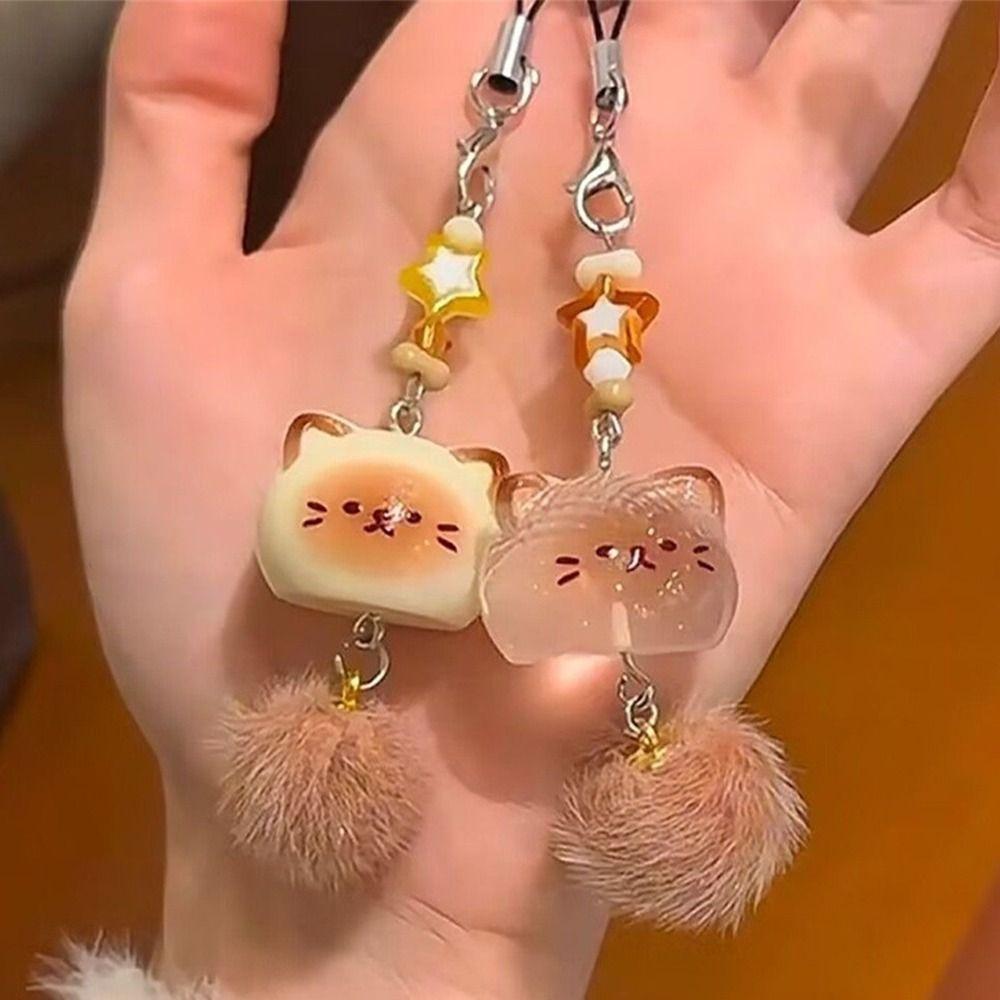 Kawaii Cartoon Kitten Phone Charm Lanyard DIY Accessories Cat Keychain Pendant Resin Beige Kakhi Bag Decorative Pendant Couple