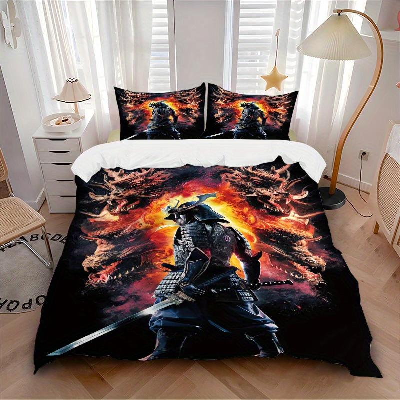 3pcs Samurai Dragon Bedding Set Soft Polyester Down Comforter Cover and Pillowcases, Suitable for All Seasons, Practical Gifts for the Home 0729096